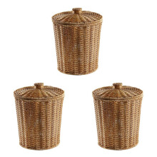 3X Cesto de Basura Tejido, Cesto de Basura Redondo de RatáN con Tapa, Jardinera, Cestas de Almacenamiento Tejidas, Cesto de Basura de Mimbre