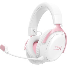 HyperX Cloud III S Wireless Gaming-Headset in Weiß und Rosa für PC, Mac, PS5, mobile Geräte und Switch mit USB-C-Adapter und USB-Kabel.
