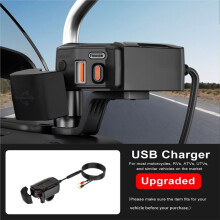 Carregador Retrátil Moto USB Type-C de 30 W com Duas Portas PD+QC3.0, Interruptor e Voltímetro Digital À Prova D'Água.