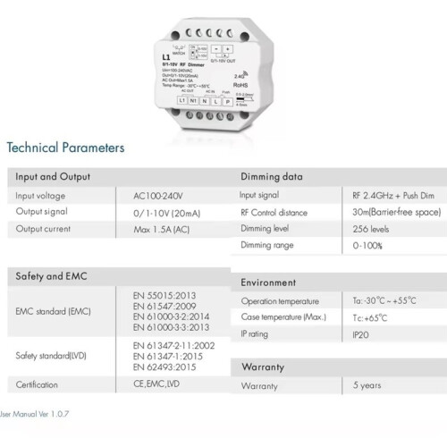 0/1-10V Tuya  2.4G RF LED Dimmer Single Color Controller Push Dimmer L1  Life APP Control 1