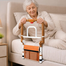Levede Bed Rail Foldable 2 Handle Adjustable Height Non-Slip Grip Pocket Orange