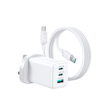 Chargeur Multiport GaN 65 W, Prise USB-C à Charge Rapide pour PC, Ordinateurs Portables et Téléphones, TG10 Blanc, Prise Britannique