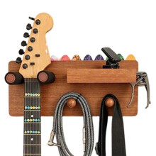 Étagère Murale pour Guitare avec 2 Crochets et Porte-Médiators, Support Mural en Bois Massif pour Plusieurs Instruments