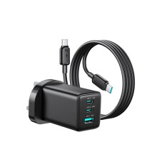 Chargeur Multiport GaN 65 W, Prise USB-C à Charge Rapide pour PC, Ordinateurs Portables et Téléphones, TG10 Noir, Prise Britannique