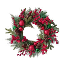 Corona Navideña Artificial de 18" con Forma de Pino para Puerta Principal, con Agujas de Pino, Bayas Rojas y una Gran Piña para Pared Exterior