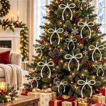 24PCS Pearl ChristmasBow Ornament Tree Topper Decor White Highlighting WreathBows Pendant for Christmas Holiday