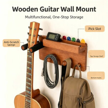 Estante de Pared para Guitarra con 2 Ganchos y Soporte para Púas, Colgador de Guitarra de Madera Maciza para Varios Instrumentos