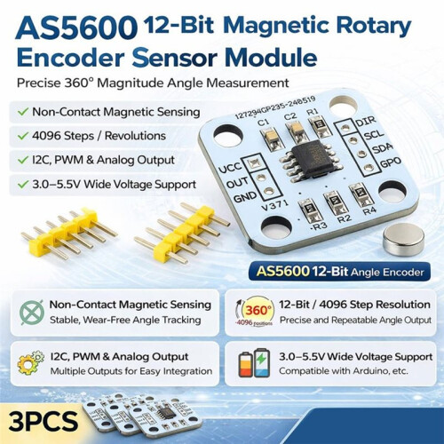 3 Stück AS5600 Magnet-Encoder, Magnetische Induktions-Winkelmesssensormodul, 12 Bit, Hochpräzise 1