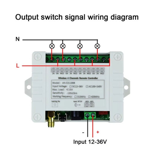 DC12V-36V 4CH Wireless Remote Control LED Light  Relay Output Radio RF Waterproof Transmitter 433MHz Receiver 1