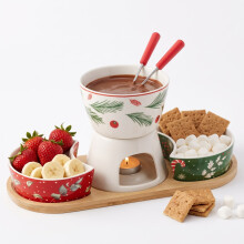 6Pcs Christmas Porcelain Fondue Set & Bamboo Tray
