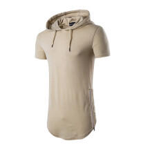 (Khaki, XXL) Tshirt Mens Summer Hip Hop Long Tee With Side Zipper Hoodies Pullover Shirts