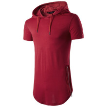 (Red, S) Tshirt Mens Summer Hip Hop Long Tee With Side Zipper Hoodies Pullover Shirts