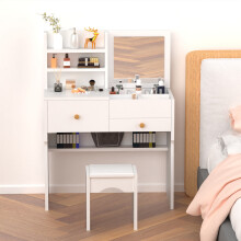 White Dressing Table with Flip-Up Mirror Wooden Makeup Vanity Desk, 2 Drawers & 2 Shelves, Bedroom Furniture