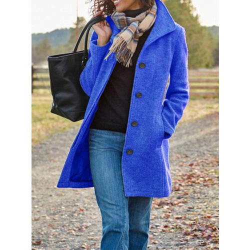 (RoyalBlue,M)Womens Thick Wool Coat With Button Front And Solid Color For Style Urban