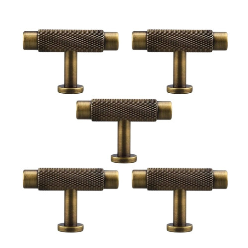 5 Pack Brass Knurled T Bar Cabinet Knobs,Drawer Pulls, Dresser Cabinet Hardware Handles for Bathroom Cupboard Wardrobe