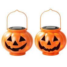 2Pc Halloween Solar Lanterns, Vintage Metal Pumpkin Hanging Light 6.5" Warm for Yard Patio Porch Decor