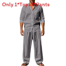 (Gray,L)Tenue décontractée homme été lin avec chemise manches longues jambes larges mode pantalon