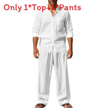 (White,2XL)Tenue décontractée homme été lin avec chemise manches longues jambes larges mode pantalon
