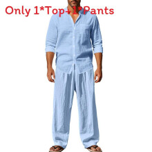 (Light Blue,XL)Tenue décontractée homme été lin avec chemise manches longues jambes larges mode pantalon