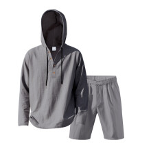 (Gray,2XL)Chemise été homme en lin mélangé manches longues avec short pour salon et vacances