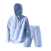 (Blue,L)Chemise été homme en lin mélangé manches longues avec short pour salon et vacances