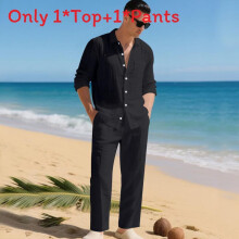 (Black,XXL)Minimalist Linen Long Sleeve Shirt And Pants Set Mens Casual Outfit For Fall