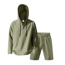(Army Green,XL)Summer Mens Linen Blend Long Sleeve Shirt With Shorts For Lounge And Vacation