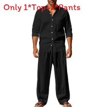 (Black,M)Mens Summer Linen Casual Outfit With Long Sleeve Shirt Wideleg Fashion Pants