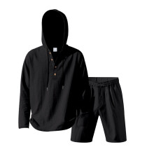 (Black,L)Camisa masculina verão mistura de linho manga longa com shorts para férias lounge e