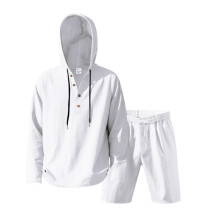 (White,2XL)Camisa masculina verão mistura de linho manga longa com shorts para férias lounge e
