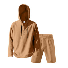 (Tan,S)Camisa masculina verão mistura de linho manga longa com shorts para férias lounge e