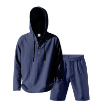 (Navy,3XL)Camisa masculina verão mistura de linho manga longa com shorts para férias lounge e