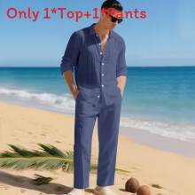(Navy,S)Minimalist Linen Long Sleeve Shirt And Pants Set Mens Casual Outfit For Fall