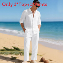 (White,S)Minimalistisches Leinen Langarm Hemd und Hose Set Herren Freizeit Outfit Herbst für