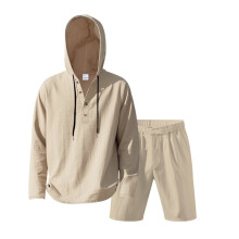 (Khaki,S)Summer Mens Linen Blend Long Sleeve Shirt With Shorts For Lounge And Vacation