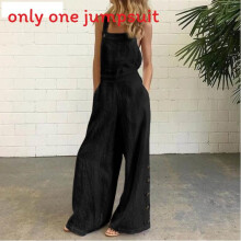 (Black,3XL)Pure Color Sleeveless Jumpsuit With Side Buttons And Pockets For Fashion Spring