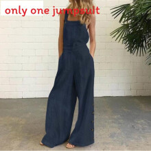 (Navy Blue,2XL)Pure Color Sleeveless Jumpsuit With Side Buttons And Pockets For Fashion Spring