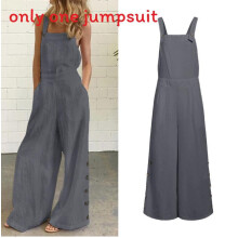 (Gray,2XL)Pure Color Sleeveless Jumpsuit With Side Buttons And Pockets For Fashion Spring