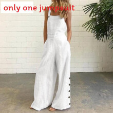(White,S)Pure Color Sleeveless Jumpsuit With Side Buttons And Pockets For Fashion Spring