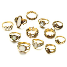 (Gold)Lot de 12 bagues géométrie roche rétro pierre opale strass émail bague sculptée
