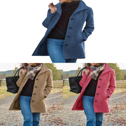 (RoyalBlue,M)Womens Thick Wool Coat With Button Front And Solid Color For Style Urban 2