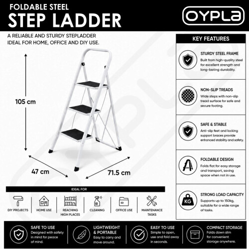 Foldable 3 Step Ladder Stepladder Non Slip Tread Safety Steel 1