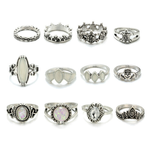 (Silver)12 Stück Retro Rock Geometrie Ringe Set Opal Stein Strass Emaille Ring geschnitzt