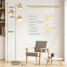 Lattiavalaisin kolmella säädettävällä E27 LED-lampulla, kulta, 163 cm