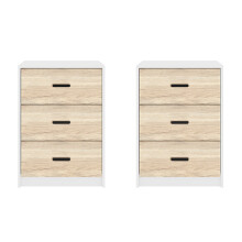(Oak) (White) Set of 2 Wood Effect 3 Drawer Bedside Cabinets