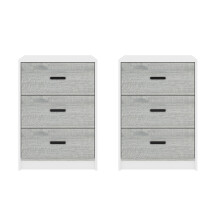 (Ash Grey) (White) Set of 2 Wood Effect 3 Drawer Bedside Cabinets