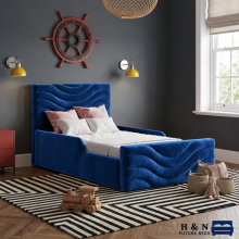 (3ft Single (with Gaslift), Sky(No Matress)) Kids Velvet Double Bed Frame Wave Panel 54” Headboard Mattress Gas Lift Storage Bed