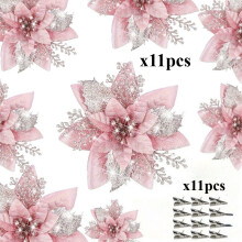 (pink color) Multi-Color 22pcs Christmas Artificial Flowers - Plastic Christmas Tree Ornaments with Clips, Reusable, Featherless,