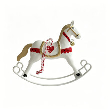 (White) Vintage Tin Rocking Horse Pendant, American-style with Red White and Green Print and Bell, Christmas Tree and Holiday