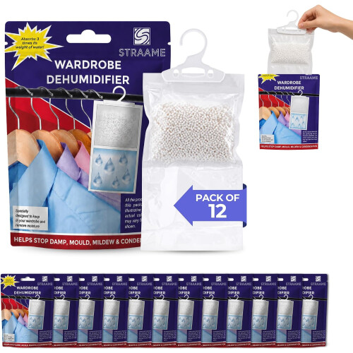 Straame Unscented Hanging Dehumidifier, Wardrobe Moisture Absorber, 12 Pack
